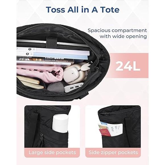 Black Quilted Nylon Laptop Tote – Lightweight Everyday Shoulder Bag Zip Pockets - Picture 2 of 5